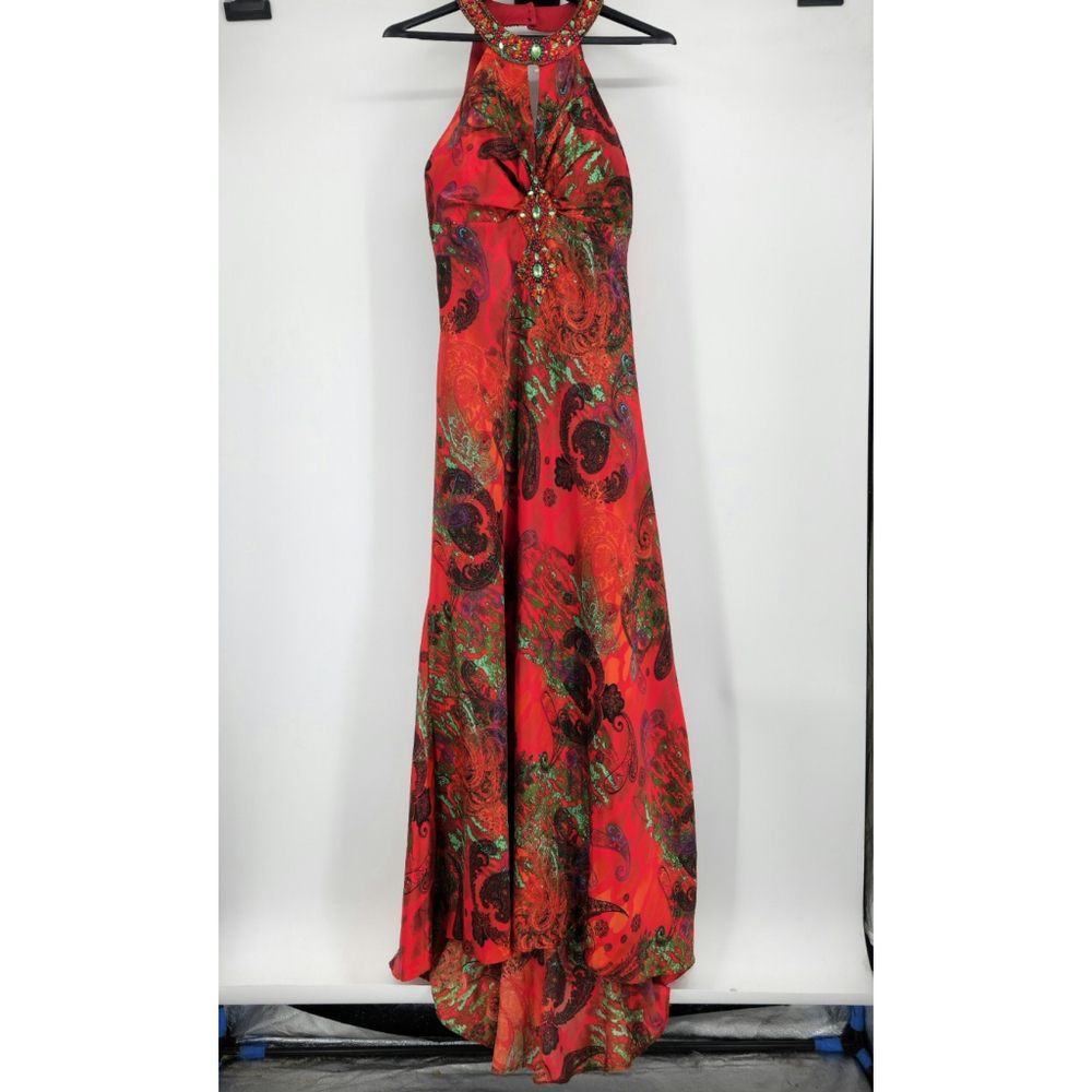 Red Paisley Halter Midi Dress with Embellished Neckline